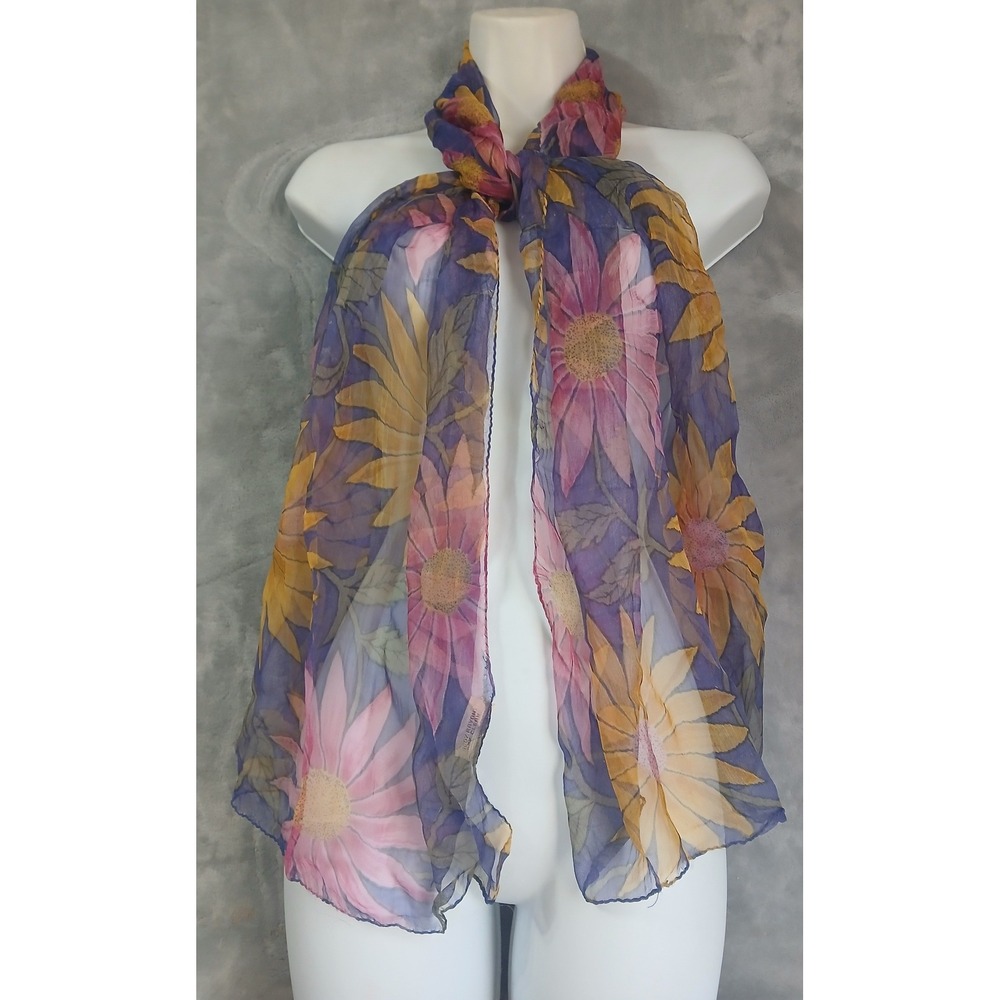 Frontieres Purple Pink Yellow Floral Rayon Scarf Made in India Sunflower Print